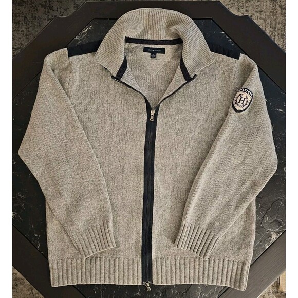 Tommy Hilfiger Lambswool Full Zip Cardigan Sweater Jacket Grey Blue Mens XXL 2X - Picture 1 of 6